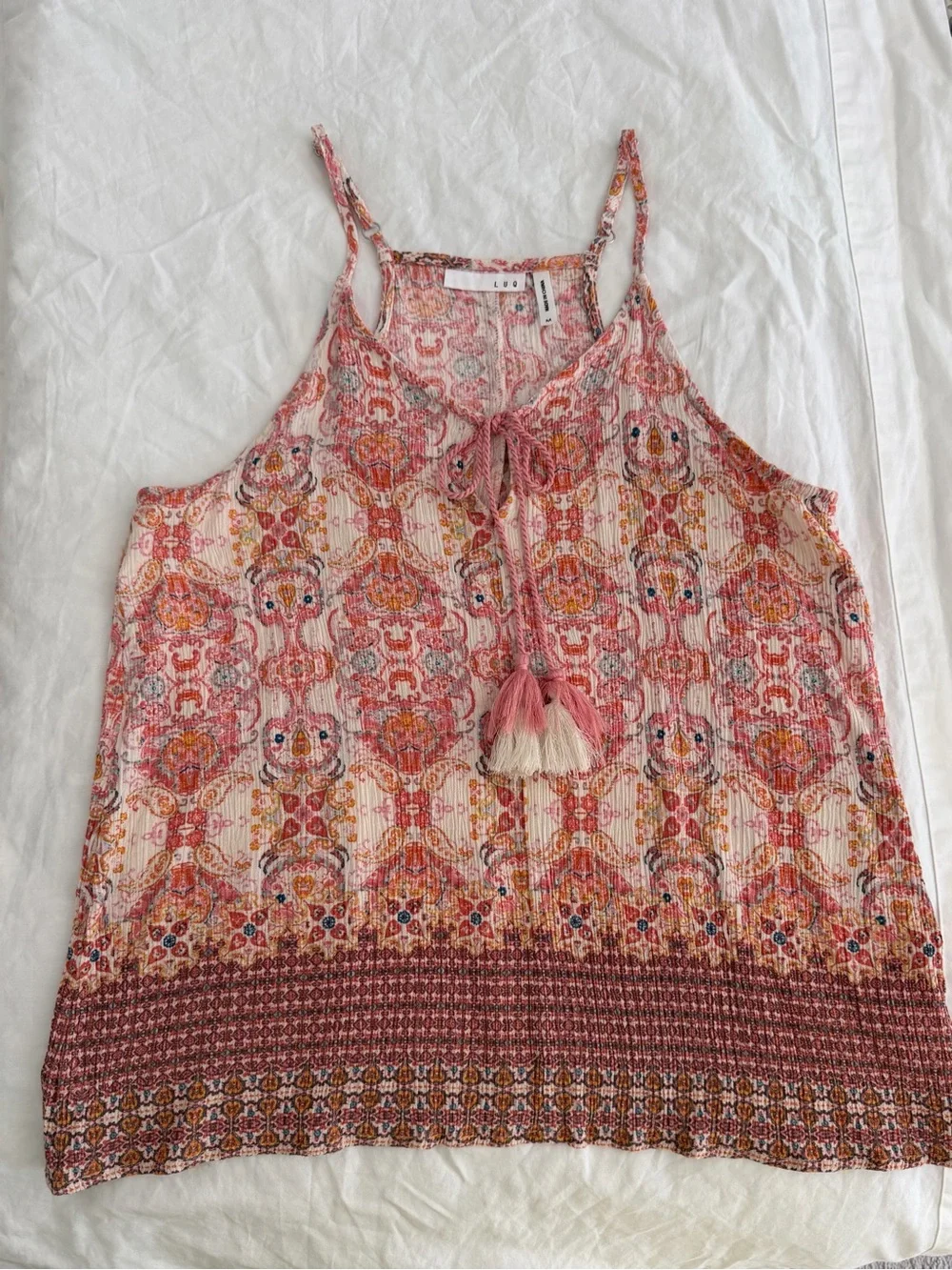 Boho Tassel Spaghetti Strap tank - Red and coral Floral Print